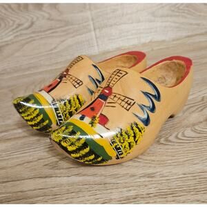 Vintage Holland Carved Wooden Dutch Clogs Handcrafted Painted Windmills 19cm
